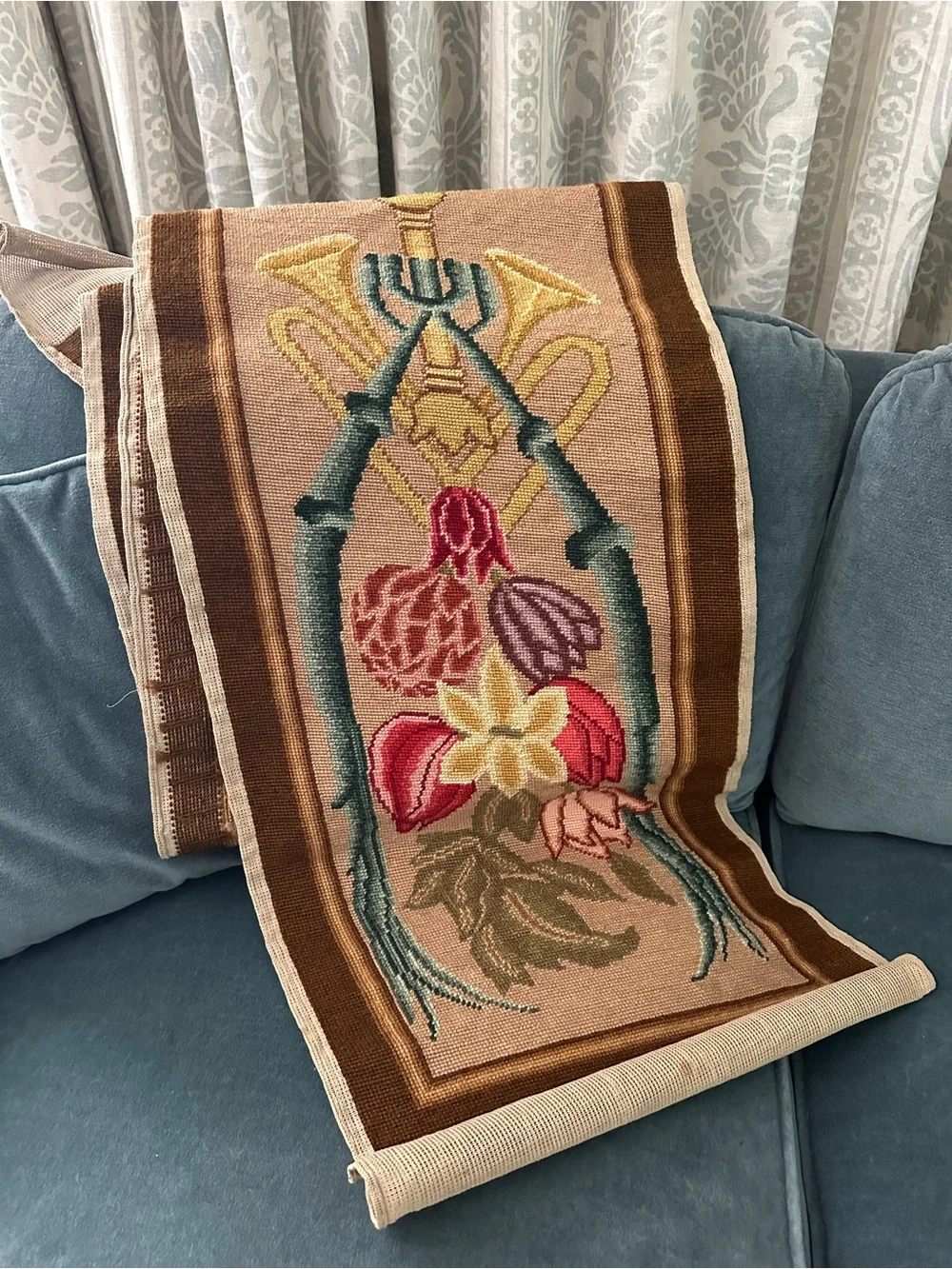 VTG Large Long Needlepoint Wall Hanging Tapestry Panel Banner